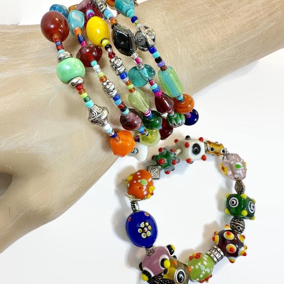 Glass Bracelet, Beaded, Lamp Work, Bohemian, Rainbow Shades, Art Glass, Boho - Picture 4 of 5